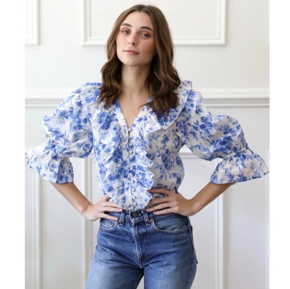 Mille Hanna Floral Ruffle Blouse Puff Sleeves Romantic Cottage Blue White XXS